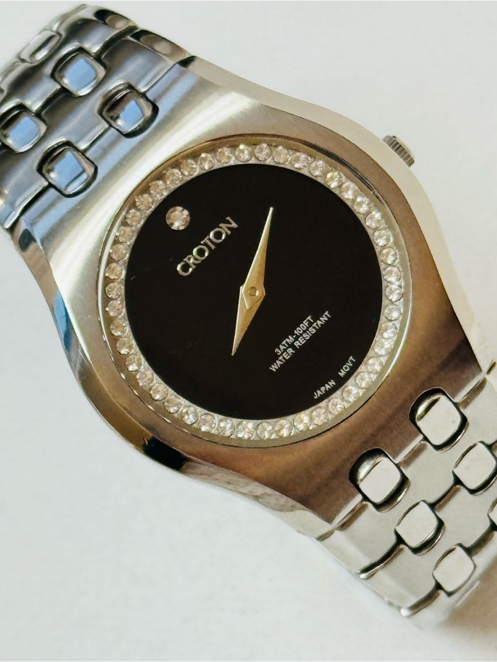 Vintage Croton Midsized 34mm Women's Crystals Watch Silver Bracelet Black Dial